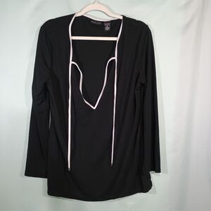 Black V Neck Top White Trim Blouse Long Sleeve Casual Chic Stretch Tunic